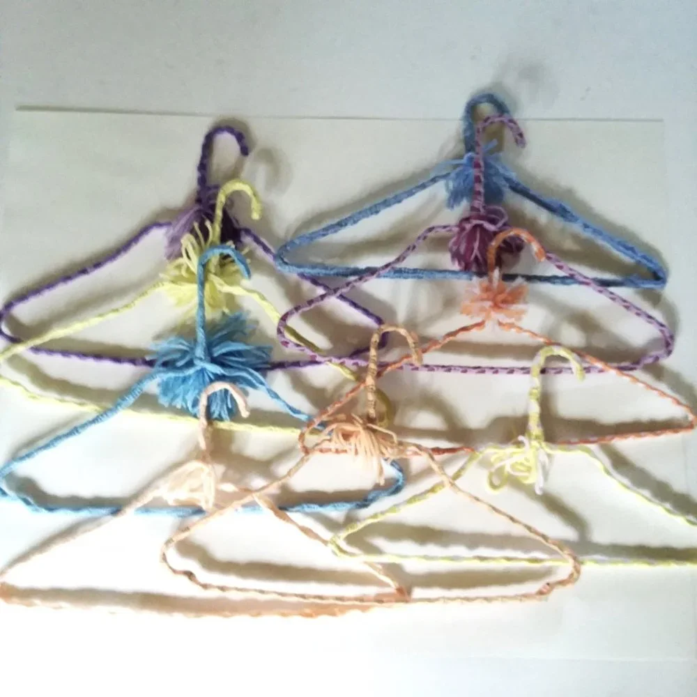 Crocheted Hangers 9 VTG 70s Pom Poms Handmade Metal Boho Retro Granny Knit